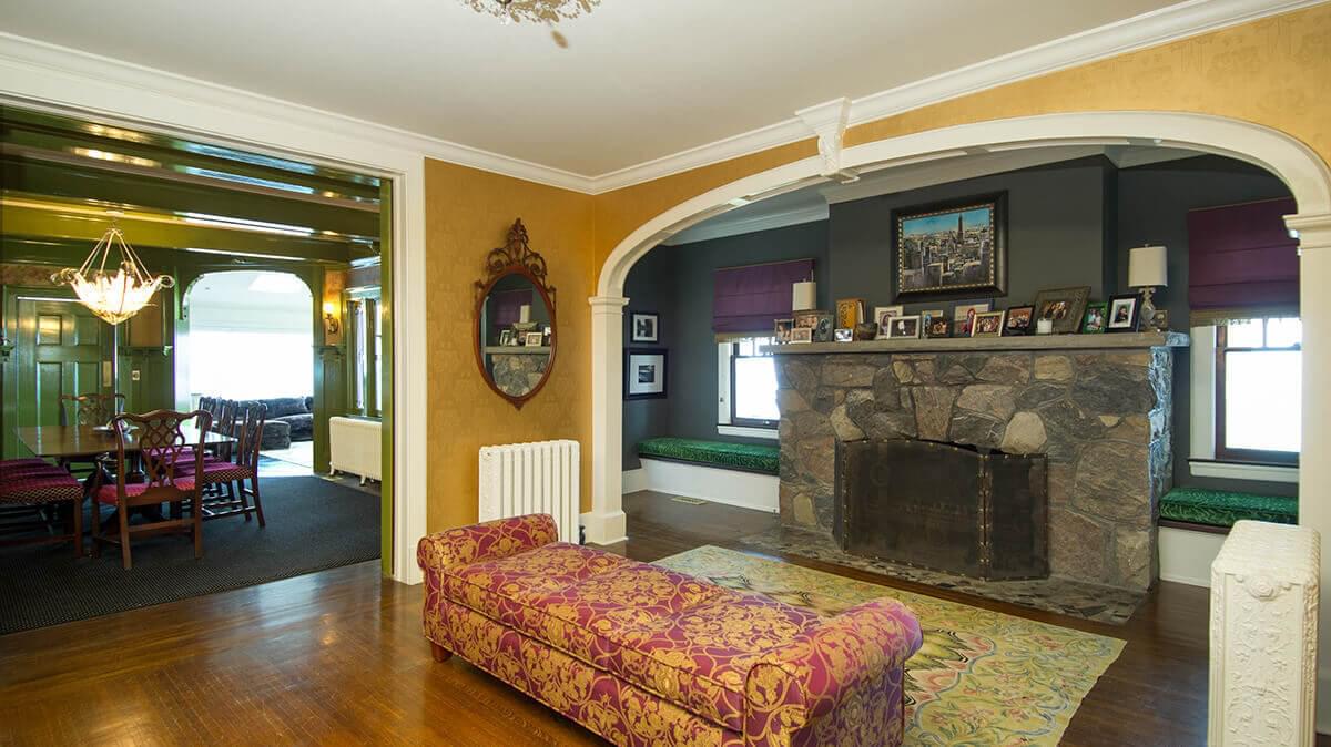 Family Room with stone fireplace and sofa